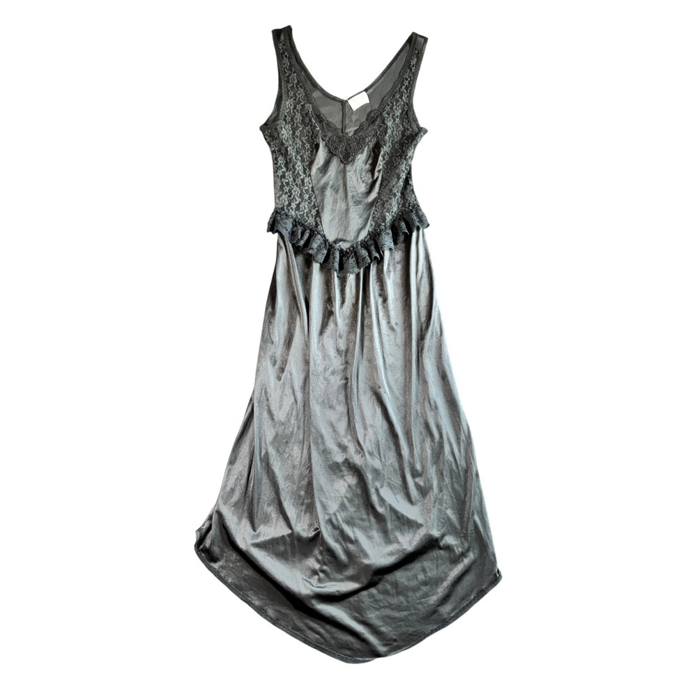 Womens Vtg Nightgown Medium Black Lace Ruffle Lingerie Dark Romantic Lace